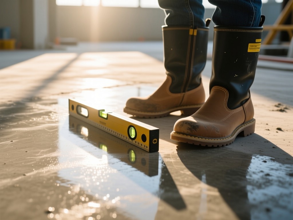 Close-up of a polished concrete floor reflecting sunlight. Construction boots stand neatly beside a level tool. Soft morning light creates clean shadows. No people.