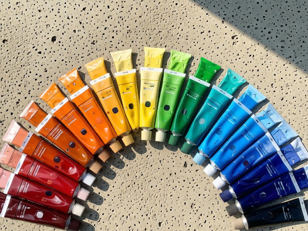 An overhead shot of artist's paint tubes arranged in a gradient from warm to cool tones on a textured concrete surface. Natural light emphasizes color richness. No people.