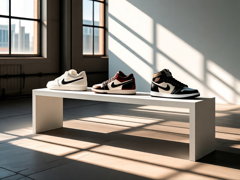 Minimalist white shelf displaying three iconic sneakers at different angles. Sunlight streams through industrial windows, creating dramatic shadows on concrete floor. No people.