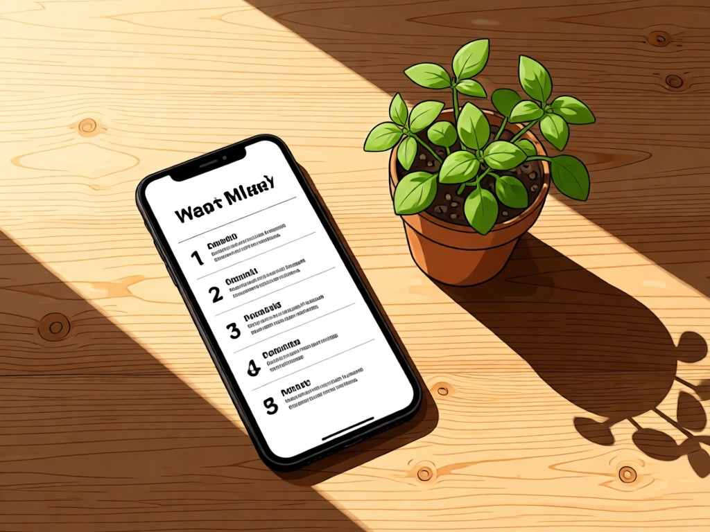 Stylized flat lay of a smartphone displaying a clean meal plan beside a small potted herb. Morning light casts soft shadows on a raw wooden table. Minimalist composition. No people.