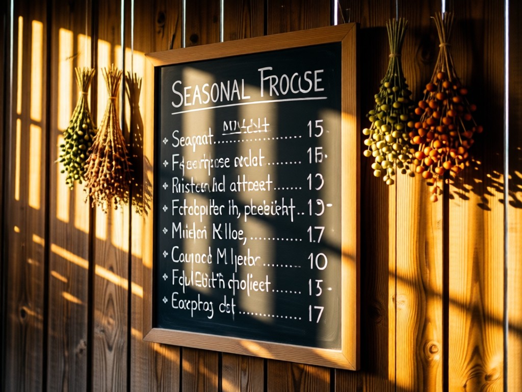 Chalkboard menu on a barn wall listing seasonal produce. Golden light filters through wooden slats. Rustic textures with soft focus on hanging dried herbs. Earthy palette. No people.