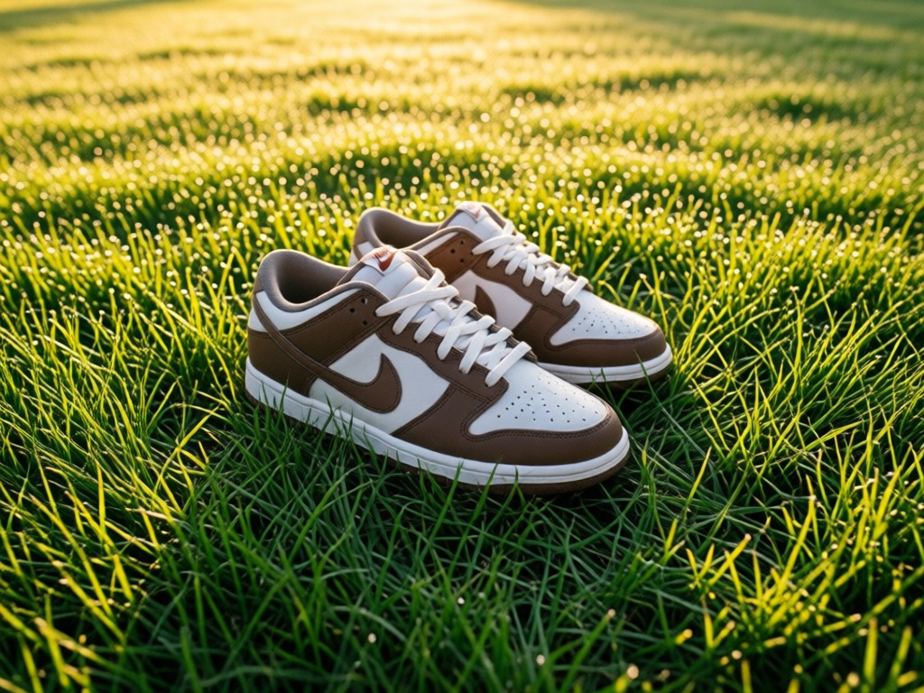 Aerial shot of DS Nike Dunks centered on fresh grass at golden hour. Dewdrops catch light. Symbolizes pristine listings ready for discovery.