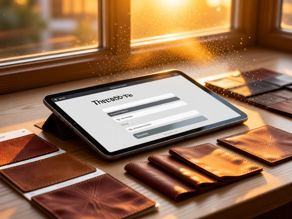A sleek tablet displaying a clean contact form beside sample swatches of premium leather. Golden hour light through window creates atmospheric dust particles. No people.