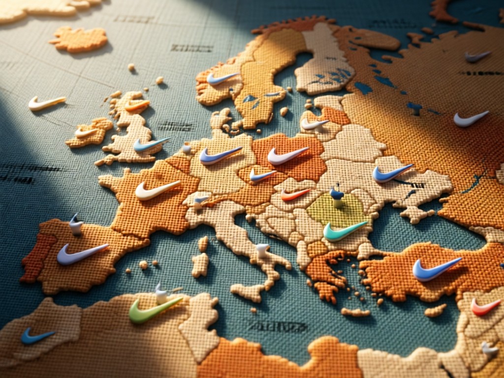 Overhead shot of a map of Europe made from textured fabric, with strategic cities marked by miniature Nike swooshes. Warm natural light creates depth and dimension. No people.