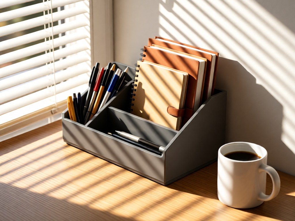 An angled shot of a modern desk organizer holding pens, notebooks, and a coffee mug. Soft shadows cast by morning sun through blinds. Focus on order and functionality. No people.