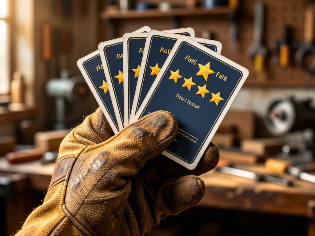 A weathered work glove holding five-star rating cards against a blurred workshop background. Warm light highlights fabric texture and card edges. Symbolizes trust and craftsmanship. No people.