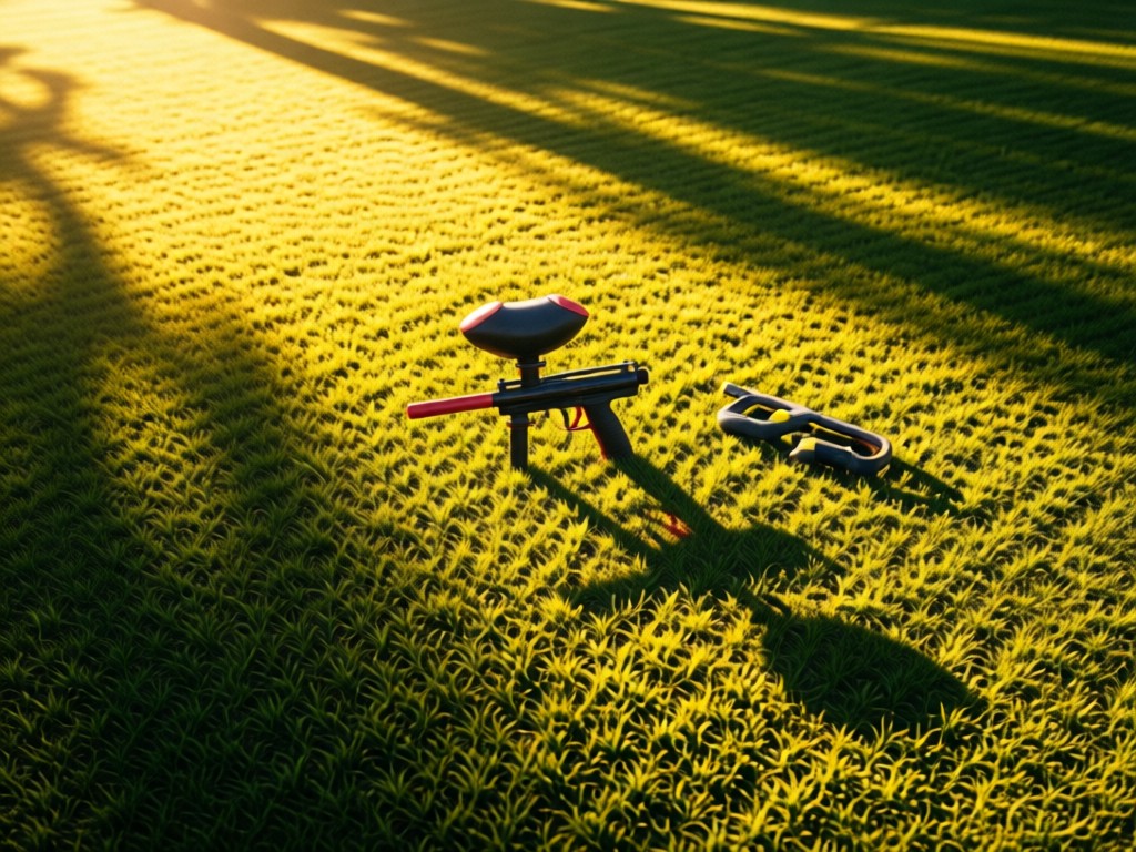 An aerial view of a single paintball marker centered in a sunlit grassy field. Golden hour light creates long shadows. The scene symbolizes focus and having essential tools ready. No people or distracting elements.