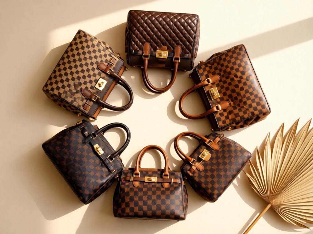 Flat lay of five luxury handbags in varying sizes and textures arranged in a circular composition. Afternoon sunlight emphasizes metallic hardware and fabric weaves. A single dried palm leaf provides organic contrast in the corner. No people.