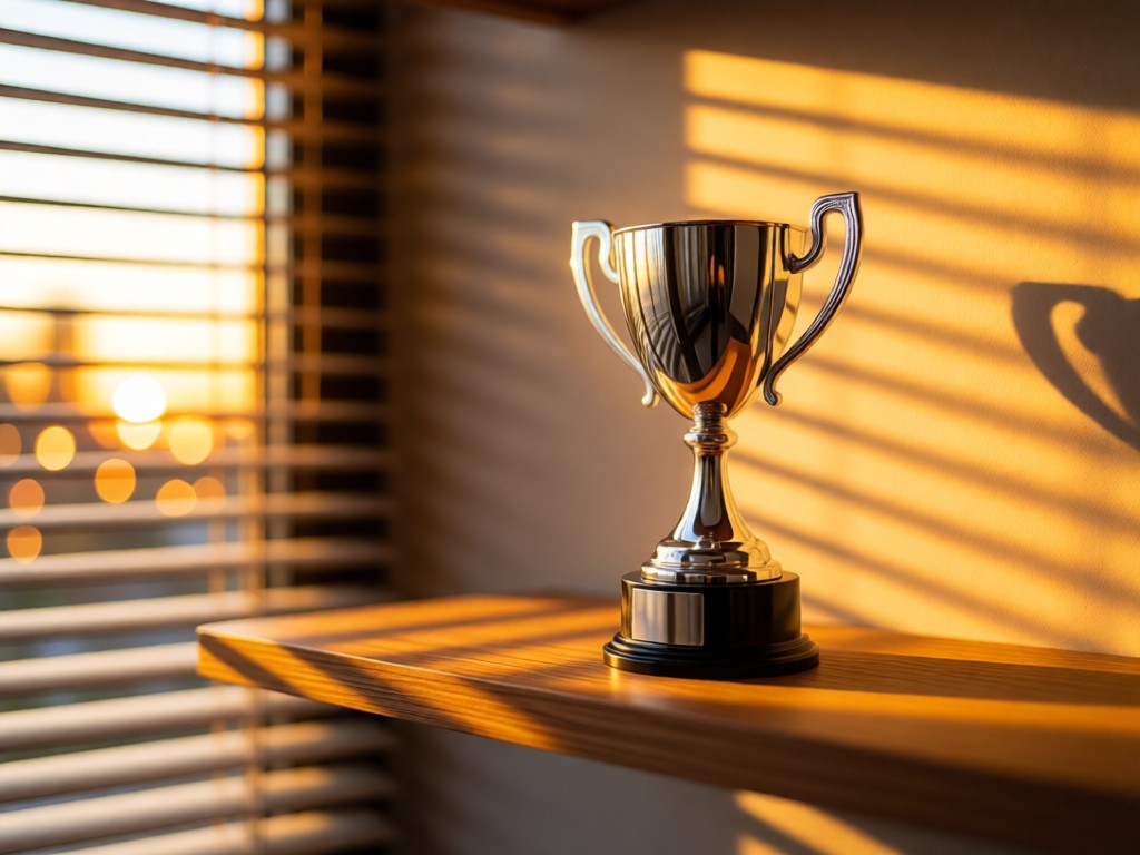 Platinum trophy figurine on wooden shelf with soft bokeh lights. Golden hour illumination through window blinds. Minimalist gaming pride. No people.