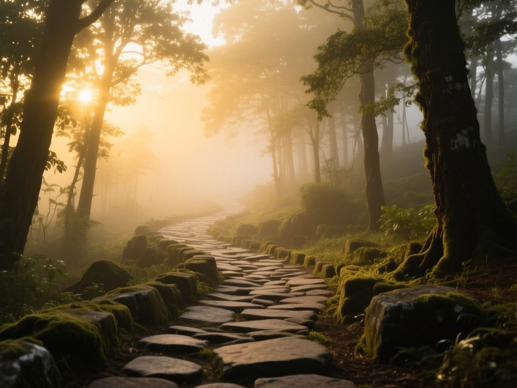 An ancient stone path winding through a misty forest at dawn, golden light filtering through trees, symbolic of spiritual journeys, soft focus background, ethereal atmosphere, no people.