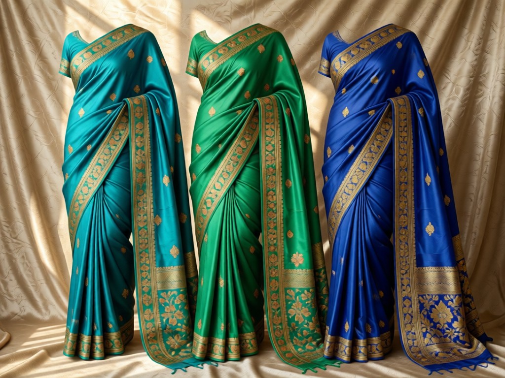 An elegant display of three draped silk sarees in jewel tones on a textured fabric background. Soft daylight highlights embroidery details and fabric sheen. No people.
