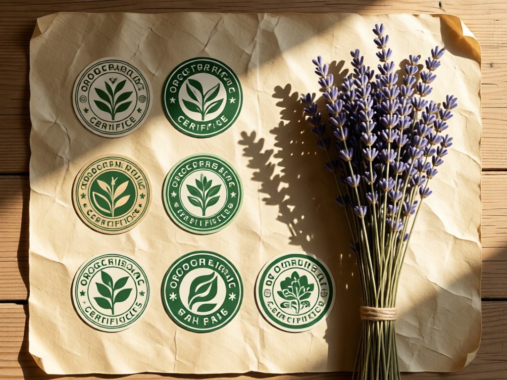 Artistic arrangement of organic certification seals beside dried lavender bundles on handmade paper. Natural light from right creates gentle shadows. Earthy beige and green palette.