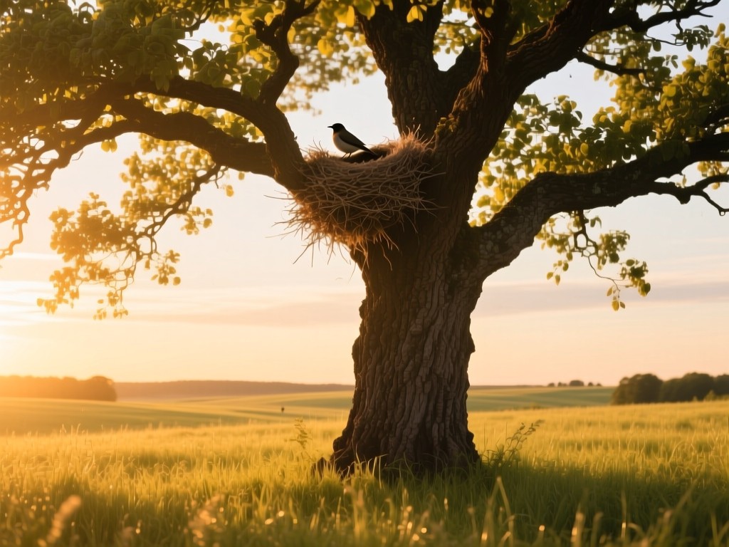A single sturdy oak tree in a sunlit meadow during golden hour, its branches sheltering a bird's nest. Symbolizes growth and protection, warm glow, soft shadows, expansive sky, no people.