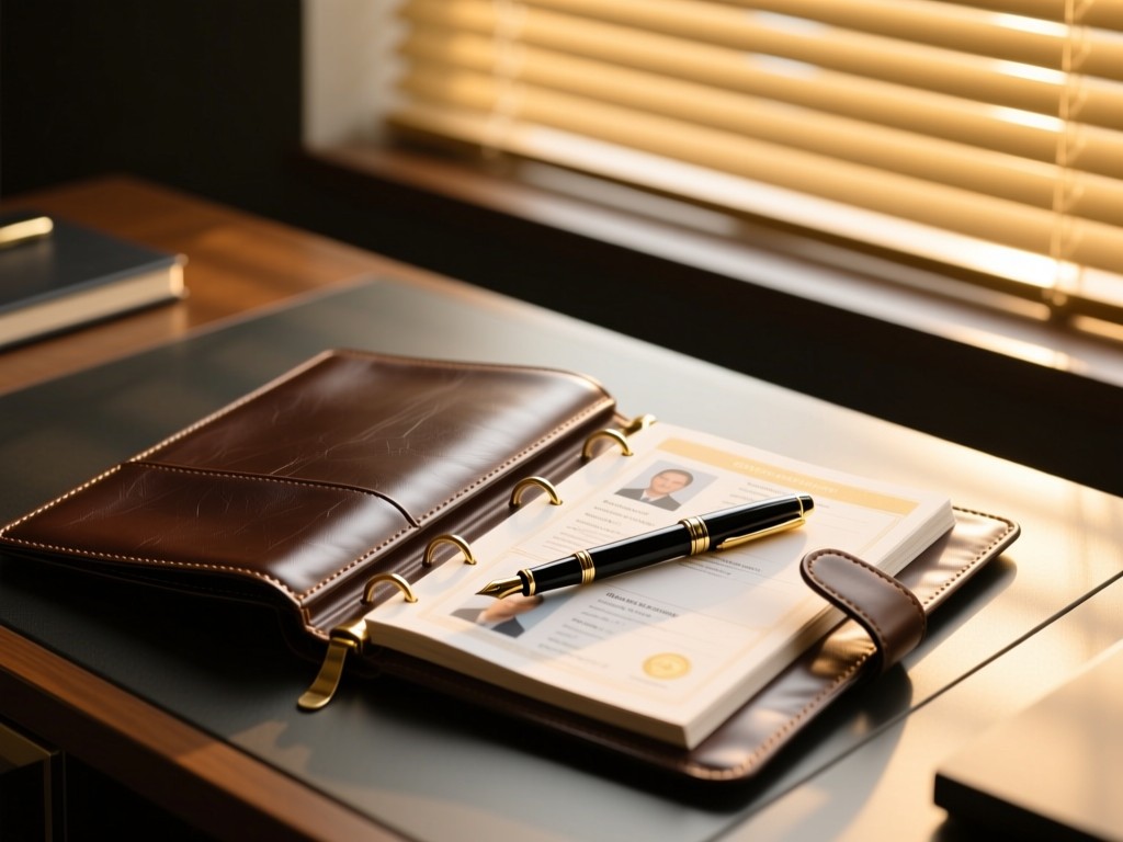 A sleek leather-bound portfolio open on a desk, revealing crisp credentials. A fountain pen lies diagonally across it. Golden hour light streams through adjacent window blinds. No people.