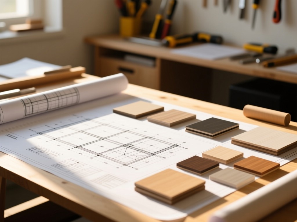 A minimalist display of construction blueprints and material samples arranged neatly on a sunlit drafting table. Soft focus on background tools. Warm natural lighting. No people.