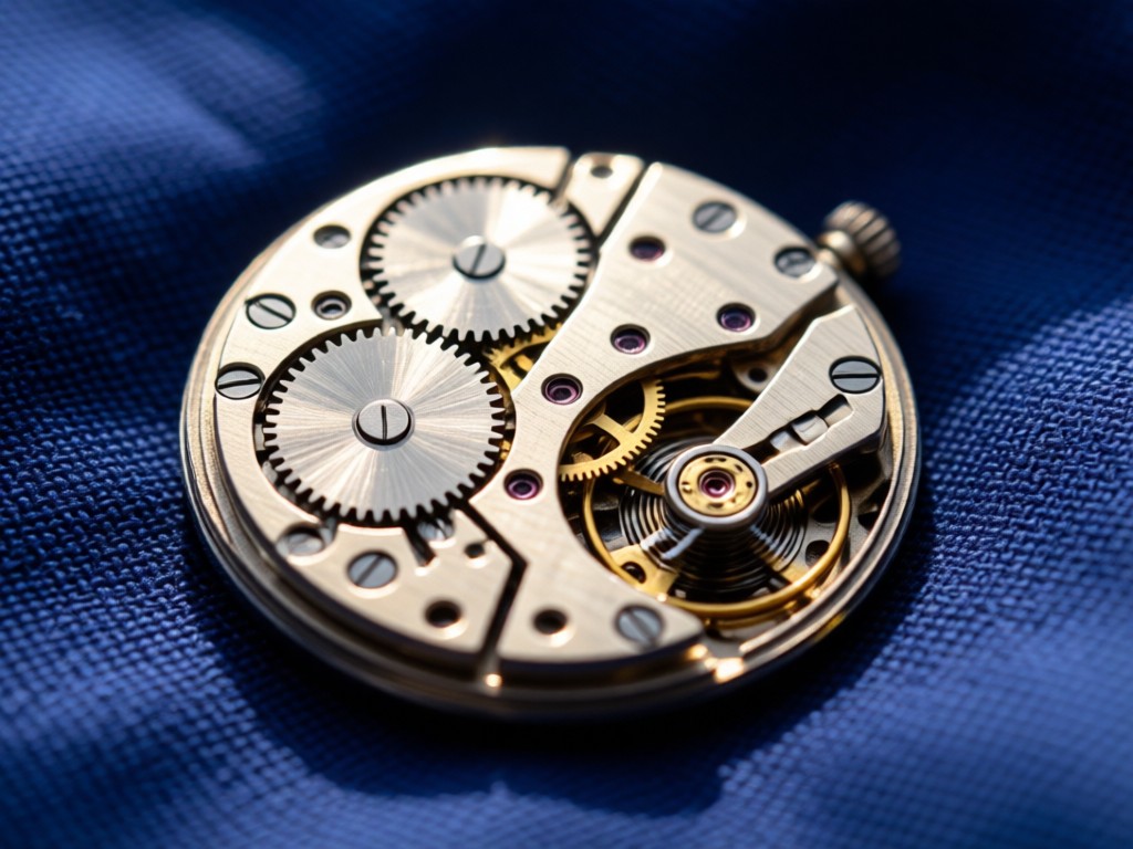 Macro shot of a watch movement's gears against indigo-dyed fabric. Sunlight catches metallic details. Depth of field emphasizes precision. No people.