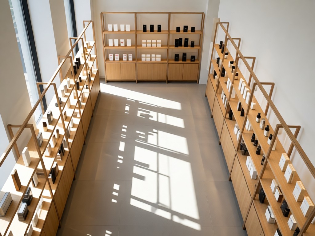 Aerial view of minimalist retail shelves with carefully arranged products. Symmetrical composition with soft shadows and natural light. Represents organization and professional presentation. No people.