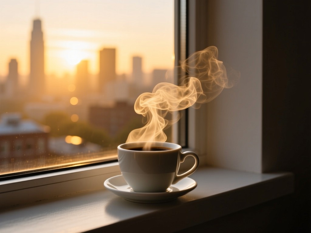 Single artisan coffee cup on a window sill overlooking a waking city at dawn, steam rising into golden light, minimal composition symbolizing warmth and connection.