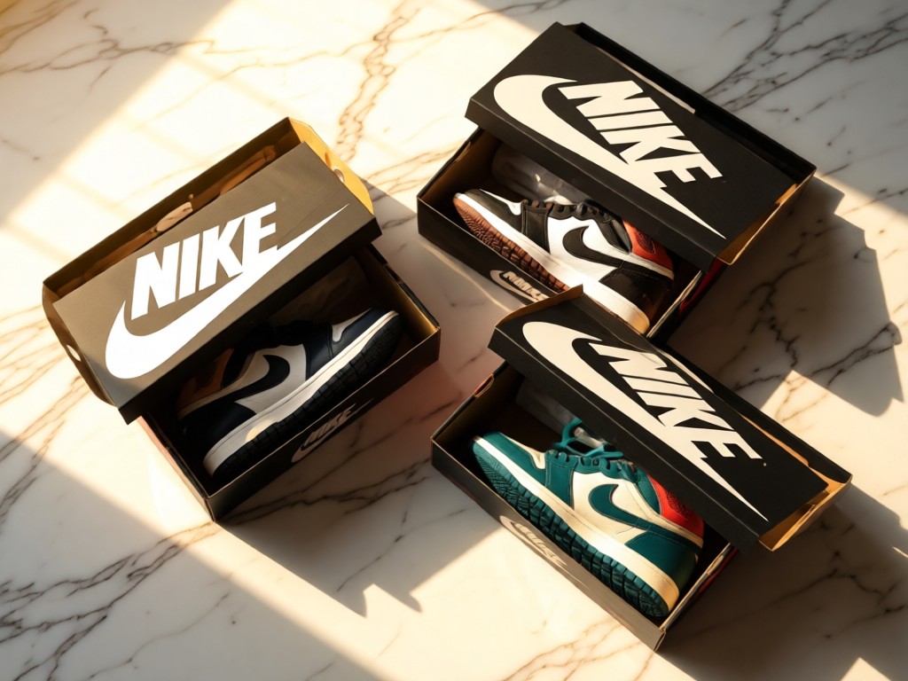 A curated flat lay of three Nike shoeboxes with lids slightly open, revealing sneakers inside. Soft shadows on a marble surface with warm sunlight. No people.