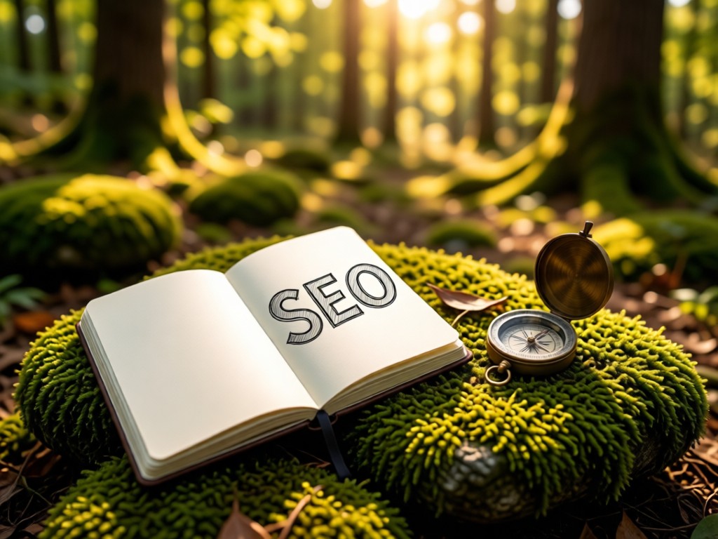 An open notebook with 'SEO' sketched beside a compass on moss-covered stones in a sun-dappled forest. Shallow depth of field. Warm natural tones. No people.