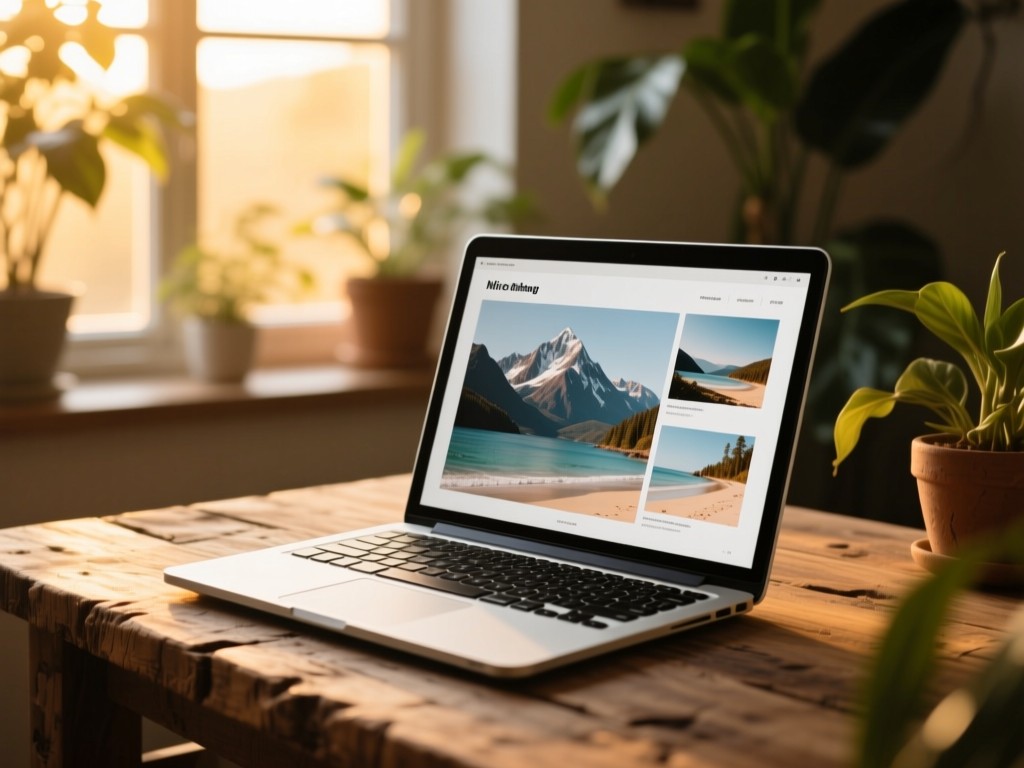 An open laptop on a rustic wooden desk showing a travel portfolio with mountain and beach images, soft golden hour light streaming through window, plants in background, shallow depth of field, warm tones, no people visible.