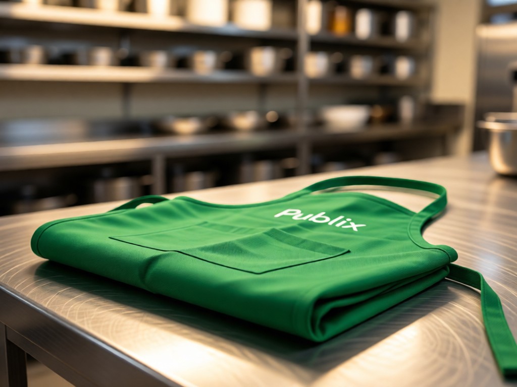 A crisp, folded Publix green apron with a subtle logo, resting on a stainless-steel counter. Soft focus background shows blurred stainless shelving. Warm overhead lighting. No people.