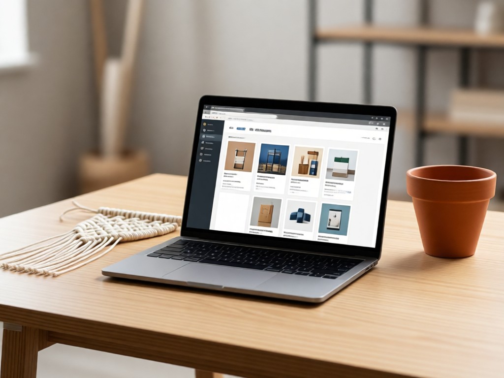 A minimalist desk with a laptop displaying a clean portfolio grid. Nearby, a coiled macramé project and terracotta pot. Soft-focus background. No people.