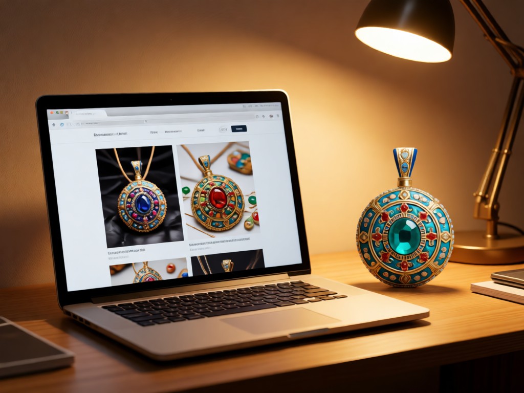 A clean laptop screen showing an ornament product page beside a physical ornament sample on a desk. Warm desk lamp illumination. No people.