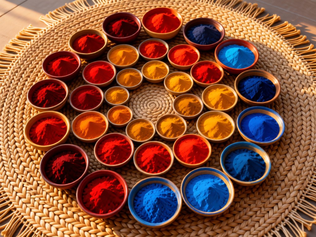 Aerial view of natural pigments arranged in handmade bowls on a woven rug. Earthy reds, ochres, and blues form concentric circles in golden hour light. Symbolizes raw materials becoming art. No people.