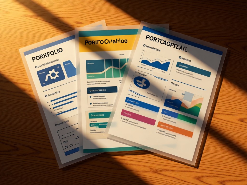 Top-down view of three different portfolio templates printed on translucent paper overlapping. Warm afternoon light creates layered shadows on a wooden desk. No people.