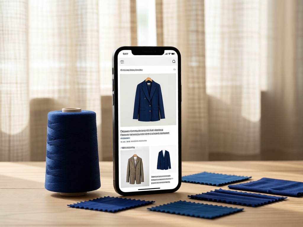 A smartphone displaying a clean clothing product page beside a spool of indigo thread and fabric swatches. Soft focus on hanging linen curtains in background. No people.