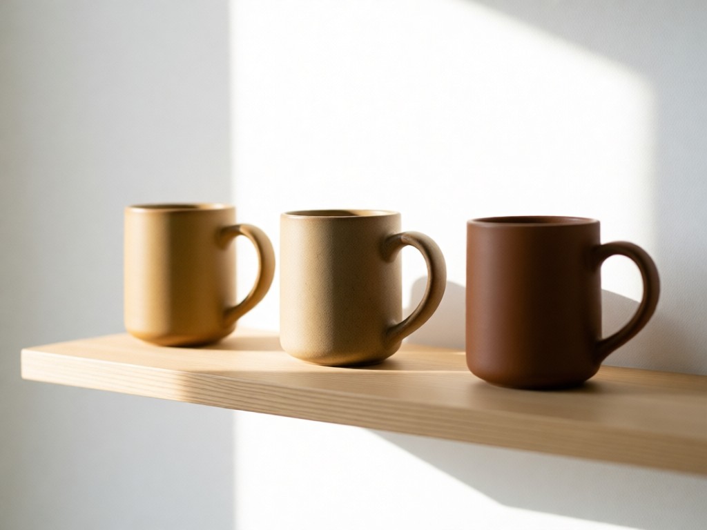 Minimalist shelf displaying three handcrafted ceramic mugs in earthy tones. Soft focus on clay texture under morning window light. Clean white background. No people.