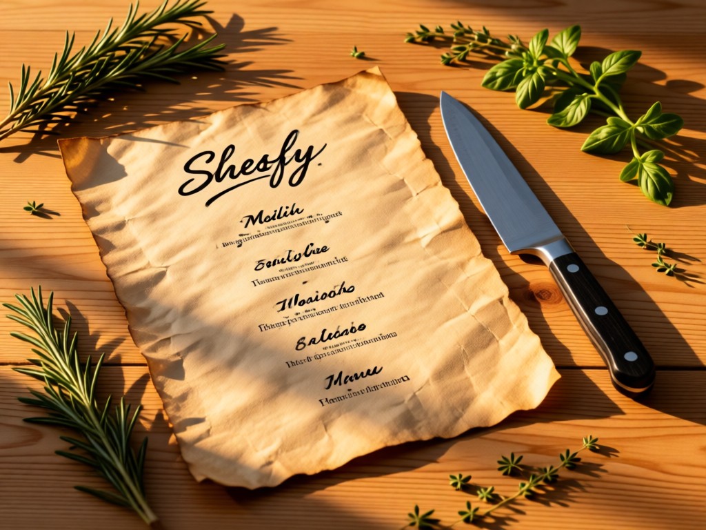 Stylish handwritten menu on parchment paper beside a chef's knife. Natural wood background with scattered herbs. Warm golden hour lighting. Minimalist composition. No people.