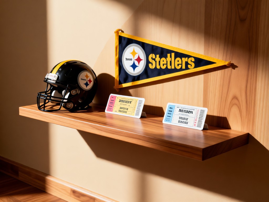 A curated display of Steelers memorabilia on a floating shelf: mini helmet, ticket stubs, and pennant. Warm wood tones with soft shadows. No people.