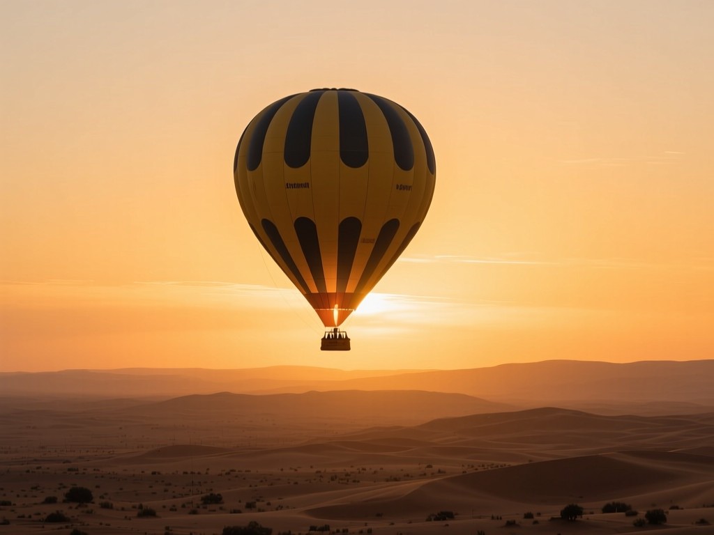 A single hot air balloon rising in golden hour sky over desert landscape, symbolizing travel growth and discovery, warm sunset colors, expansive negative space, no people.