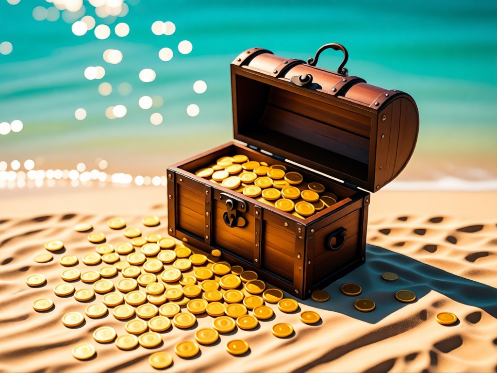 Aerial view of an open antique treasure chest on sunlit sand. Gold coins spill onto beach with turquoise water in blurred distance. Symbolizes discovered value. No people.