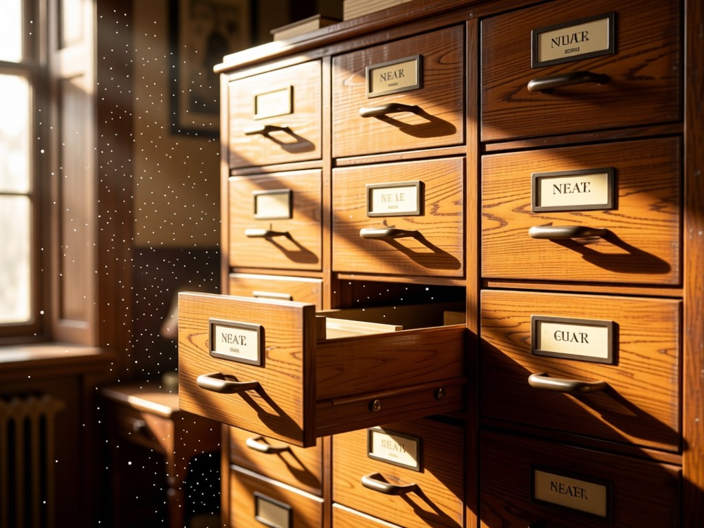 Neatly labeled vintage filing cabinet drawers slightly ajar. Warm wood tones with sun rays highlighting dust particles. No people.
