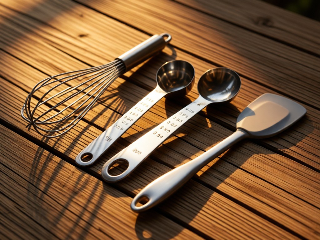 Artfully arranged kitchen tools (whisk, measuring spoons, silicone spatula) on a rustic wood surface. Golden hour light emphasizes metallic textures. No people.