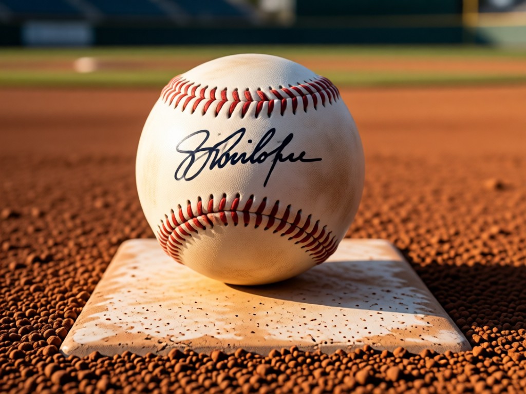A close-up of an autographed baseball resting on home plate with stadium dirt texture. Soft shadows fall across the ball's stitches in afternoon light. No people.