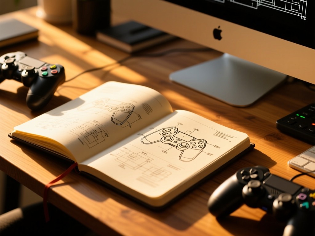 An open notebook with controller schematics on a wooden desk, golden hour light casting long shadows, shallow depth of field, warm amber tones, creative workspace atmosphere.