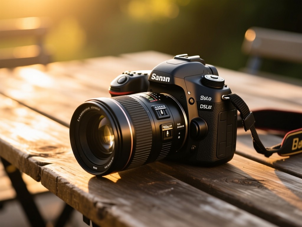 A professional DSLR camera and lens on a rustic wooden table during golden hour, sunlight highlighting the metal details, shallow depth of field, warm tones, no people.