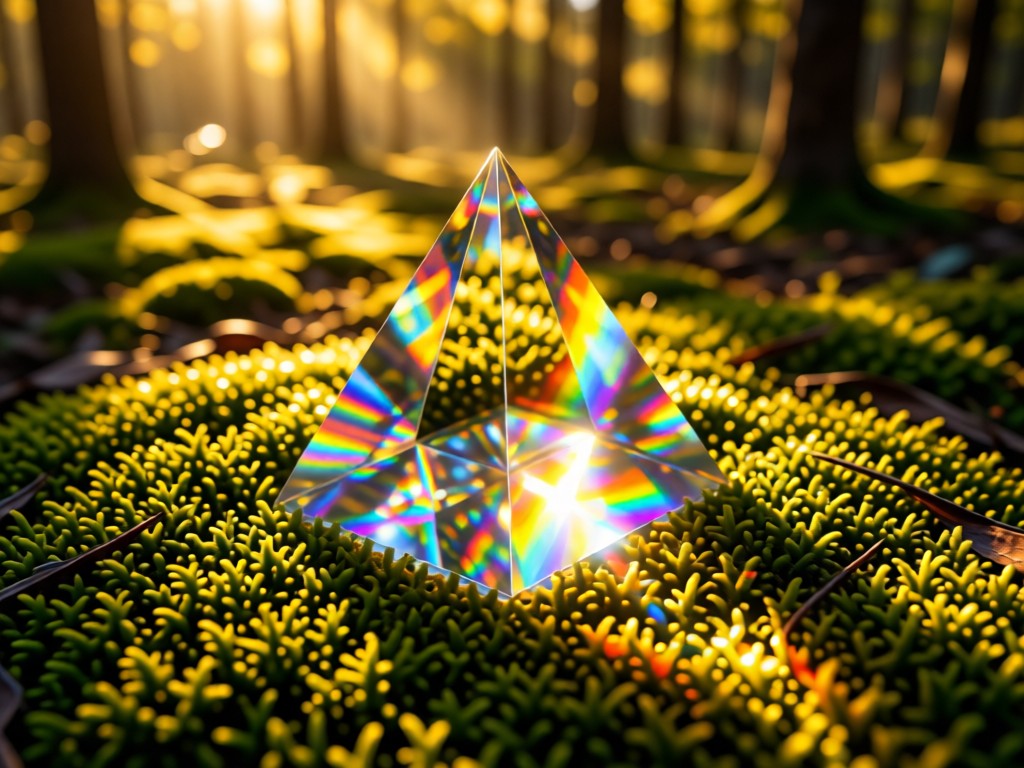 An aerial shot of a single crystal prism on moss catching rainbow light in a forest clearing. Symbolizes clarity and visual impact. Golden hour tones. No people.