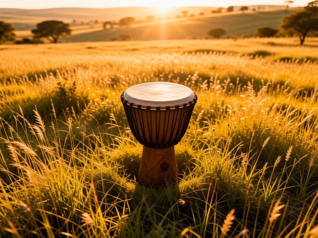 Aerial shot of isolated djembe drum on sunlit grassy field during golden hour. Symbolizes focused rhythm essentials in perfect harmony. Warm natural tones.