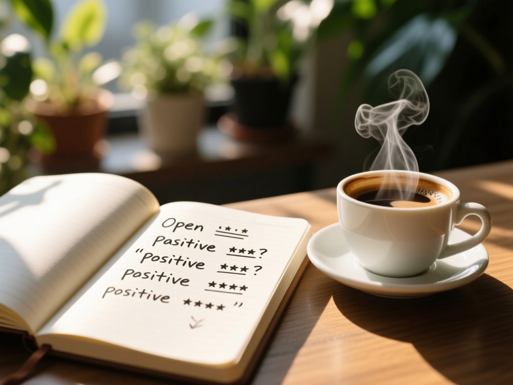 Open notebook with handwritten positive reviews beside a steaming coffee cup. Sunlight highlights the paper texture. Blurred plants in background. No people.