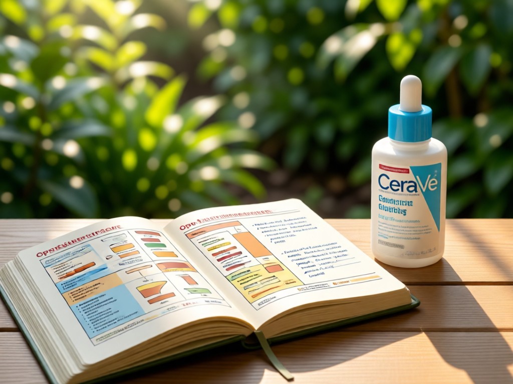 Open skincare journal beside a CeraVe serum bottle. Pages show ingredient diagrams and notes. Soft focus on background greenery. Morning light. No people.