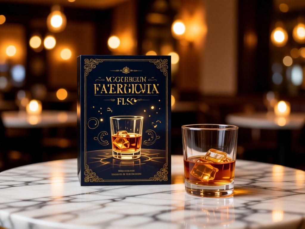 An elegant event flyer next to a whiskey flight on a marble surface. Soft focus background shows bistro lights. Warm, inviting ambiance. No people.
