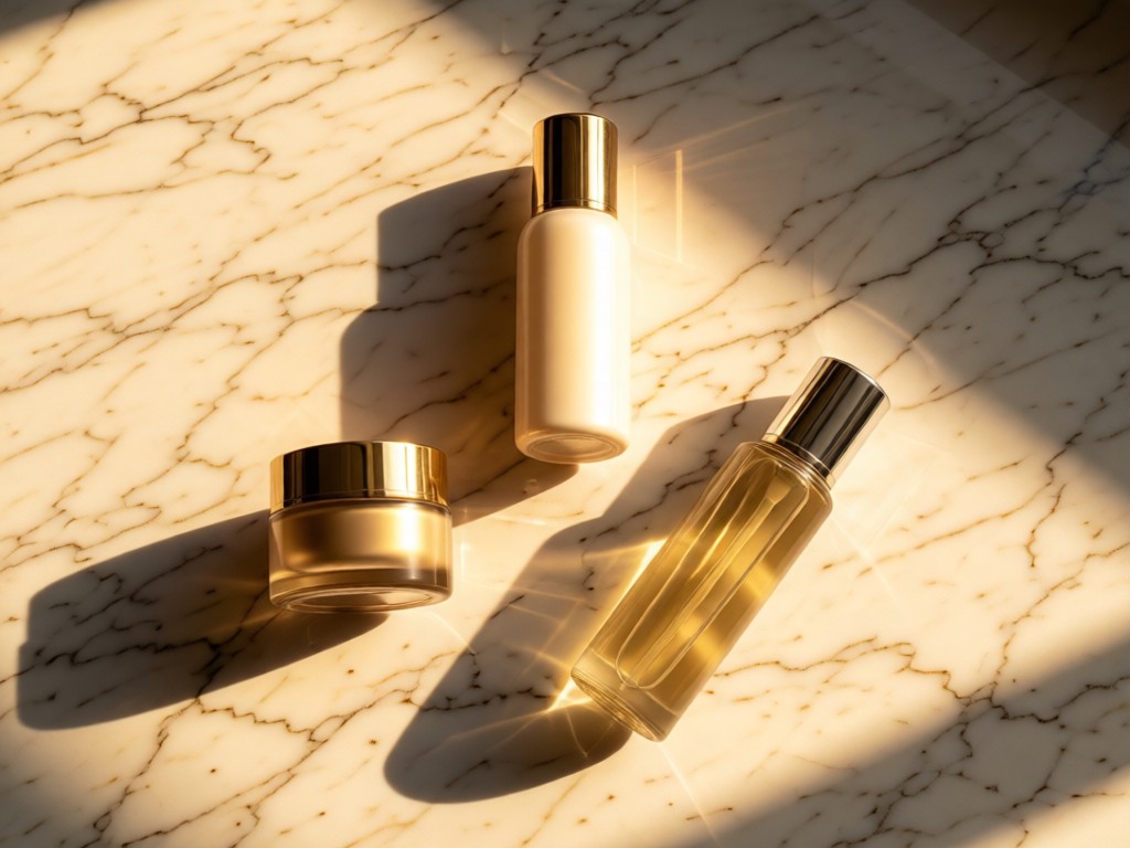 An overhead shot of a marble surface with three luxury skincare products arranged in a triangle formation. Soft shadows extend beneath each item, with golden hour light warming the textures. No people.