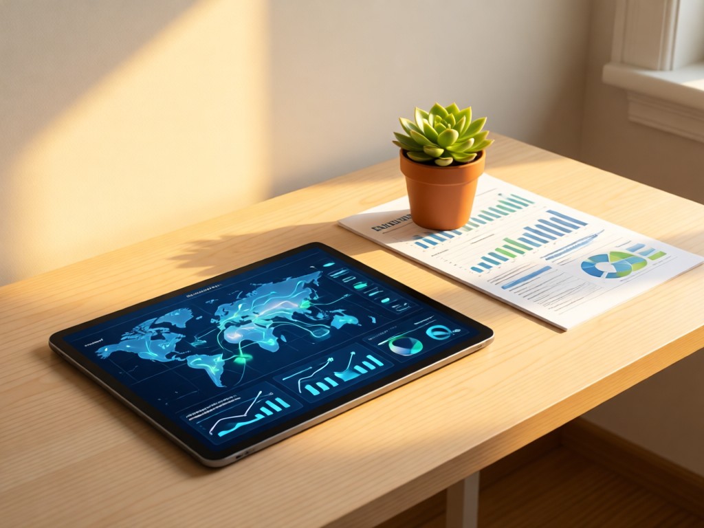 A minimalist desk with tablet displaying interactive energy production maps. Beside it, a small potted succulent sits atop renewable energy reports in golden light. Clean composition with breathing space.