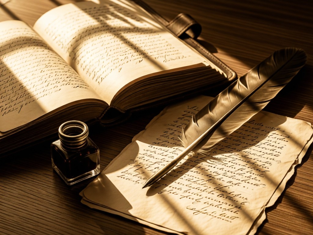 An open leather-bound journal with handwritten notes beside an antique inkwell. Feather quill rests diagonally across aged paper. Golden sunlight creates texture shadows. Warm sepia tones. No people.