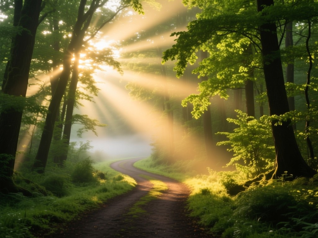 A winding forest path at sunrise with sunbeams filtering through trees, symbolizing organic discovery, vibrant green foliage, mist rising from the ground, soft golden lighting, no human presence.
